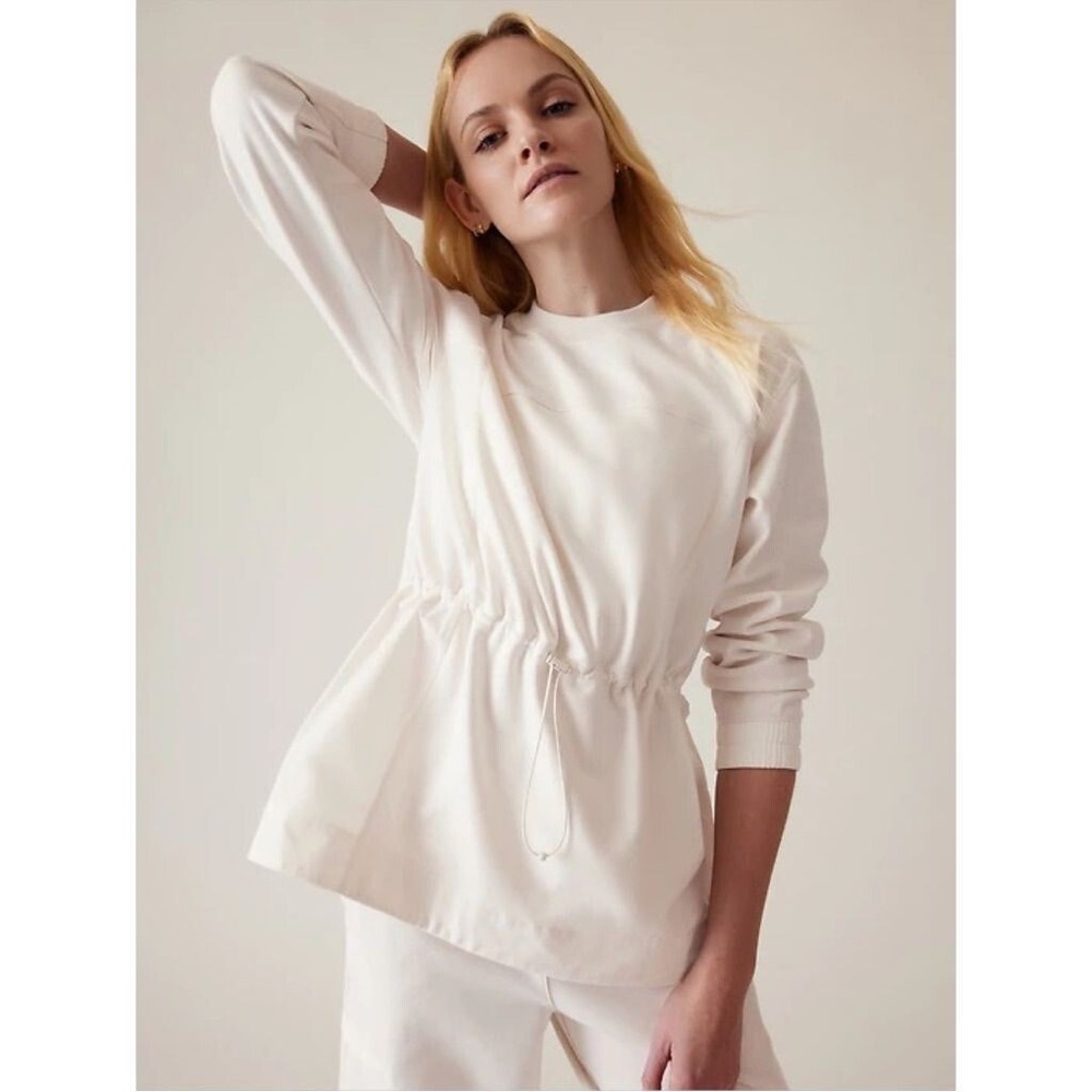 Athleta Cinch Front Long Sleeve Pullover Sweatshirt Cream Ivory Women Size Small